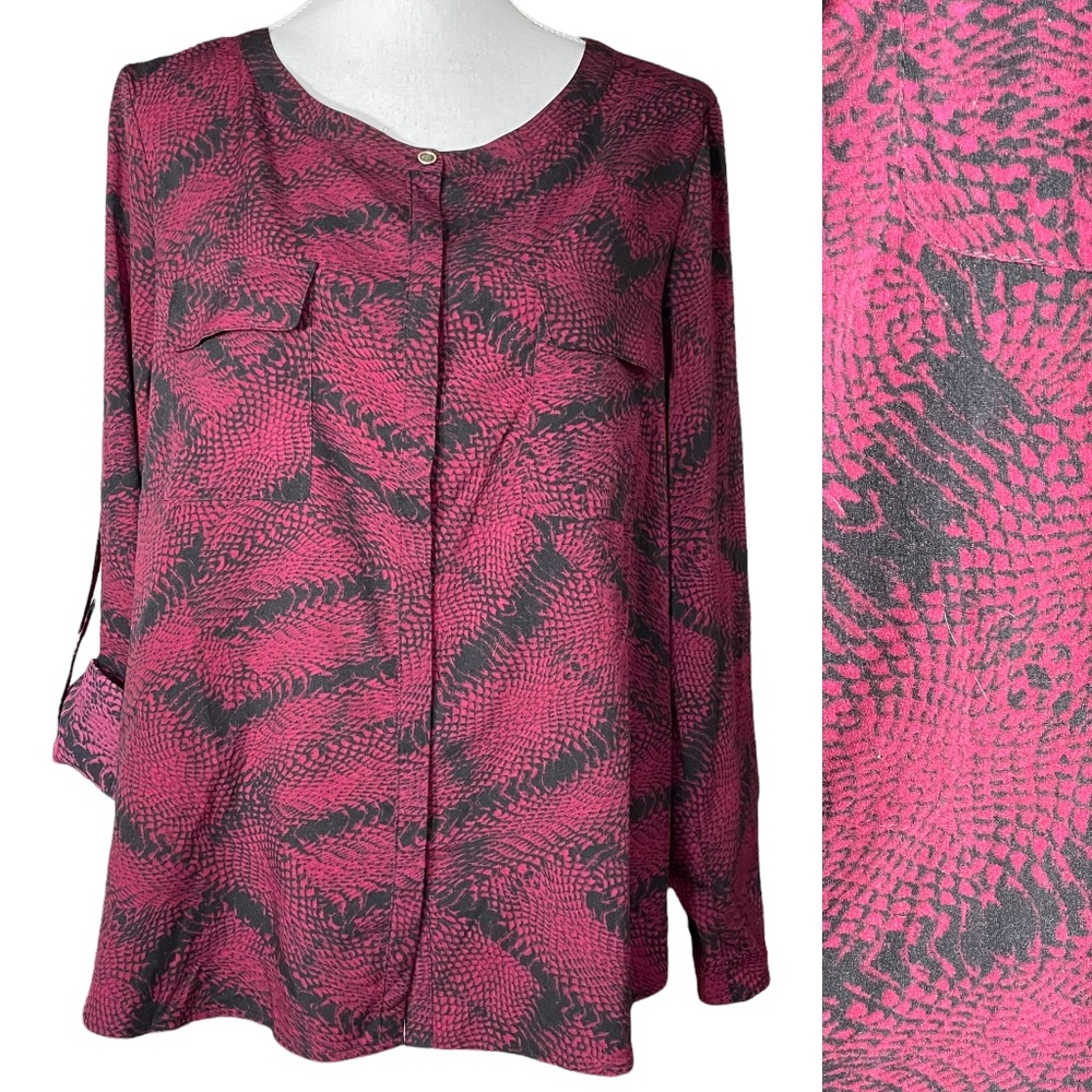 Snakeskin Print Blouse L Anne Klein Patterned Roll Tab Sleeve Button-up Purple